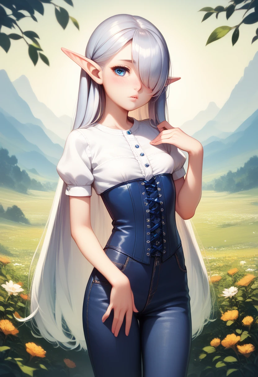 Gnome, gnome girl, detailed skin and cloth textures, beautiful detailed face, intricate details, extremely detailed, 1girl, pale skin, short stature, very long silver hair that curls at the ends, small breasts, pouty lips, dynamic pose with hair covering one eye,  bright blue anime-style eyes with long lashes, shy personality, wearing a leather corset, white puffy-sleeved shirt, and poufy cloth pants tucked into boots, windy fantasy landscape, best quality, 8k, masterpiece, dungeons and dragons, long elf ears