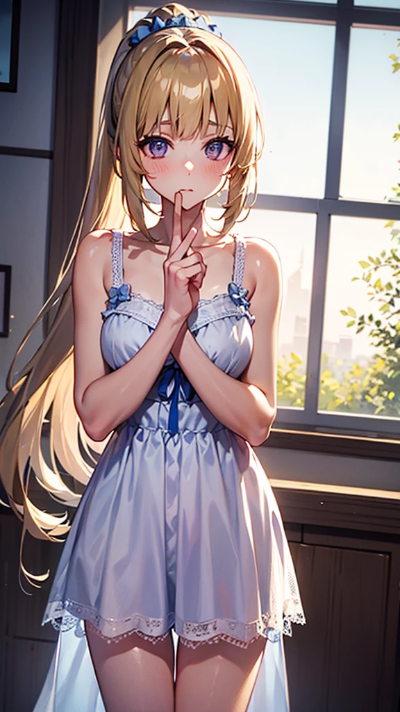 kei Karuizawa, blonde, long ponytail, violet eyes, wavy hair wearing a light, white transparant lace nightgown with a blue bow in the center. The girl should have a thoughtful expression, blush on her cheeks, and be standing in a softly lit room with a serene atmosphere. Include delicate details like lace and soft shadows to enhance the overall gentle and dreamy ambiance