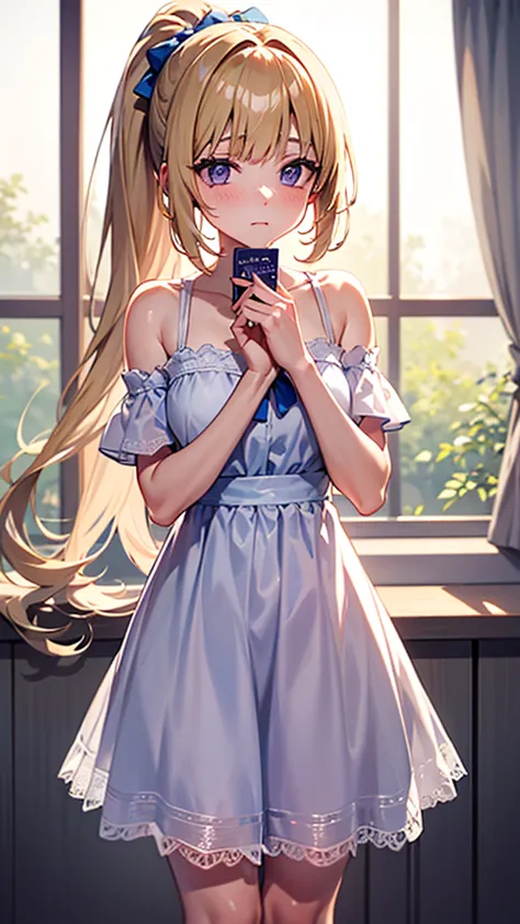 kei karuizawa, blonde, long ponytail, violet eyes, wavy hair wearing a light, white transparant lace nightgown with a blue bow i...