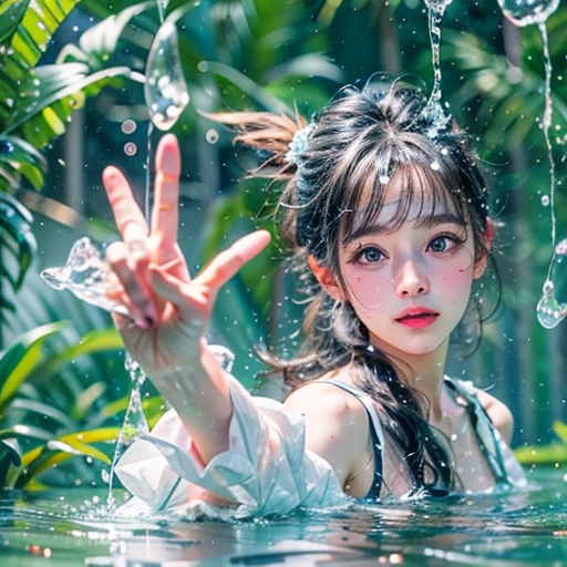 (8K TopQuality masterpiece: 1.2)(Realistic ProfessionalPhoto:1.37), VolumetricLighting. Tiny Girls, (girl jumping into the water)、Falling、splash water、shout、Luminous water surface、White and Bright colors, back lighting, Radiant PearlSkin, Stunning Elaborate pupil with (sparkling highlights:1.28) (Detailed KAWAII face) with cute lips, long eyelashes, Delicate clothes, {(Hidden Hand)|Motion Blurred hand|(Corrected BabyLike Hand)} 