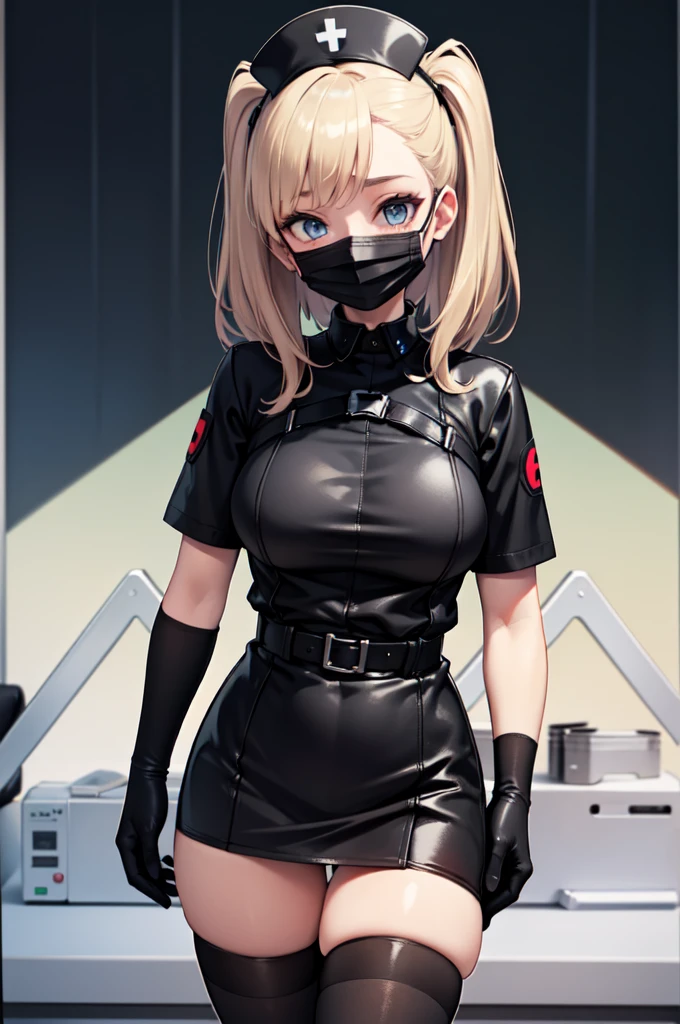 black nurse, 1woman, solo, black nurse cap, black nurse uniform, ((black legwear, zettai ryouiki)), black elbow gloves, blonde hair, blue eyes, ((black surgical mask, covered nose)), standing, ((surgery room)), sharp outline, short sleeves, mature female, 3, best quality, masterpiece