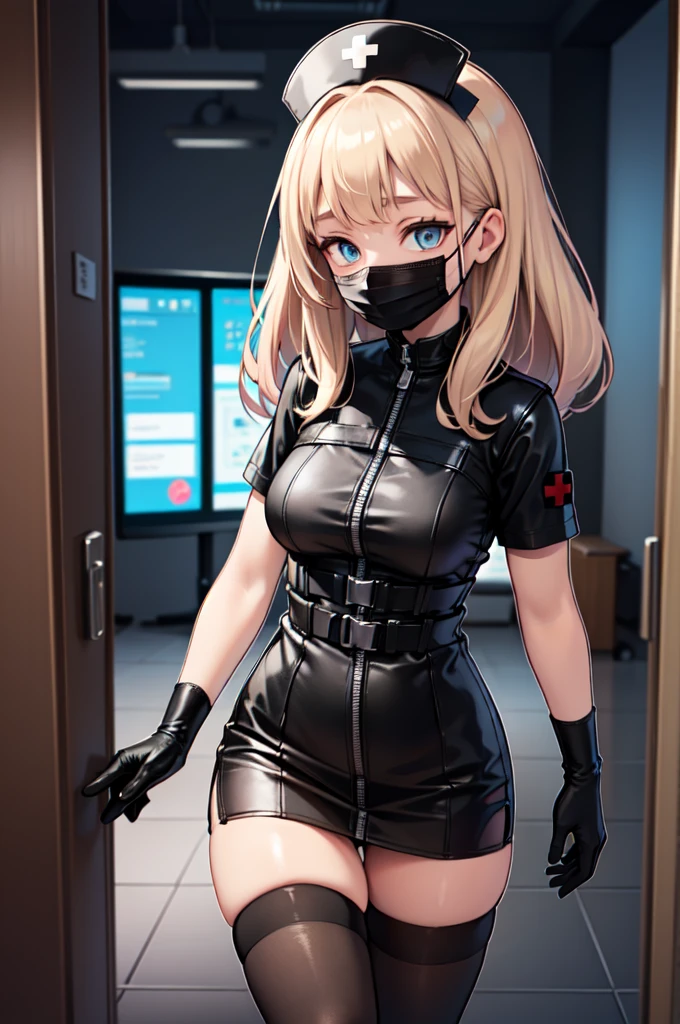 black nurse, 1woman, solo, black nurse cap, black nurse uniform, ((black legwear, zettai ryouiki)), black elbow gloves, blonde hair, blue eyes, ((black surgical mask, covered nose)), standing, ((surgery room)), sharp outline, short sleeves, mature female, 3, best quality, masterpiece