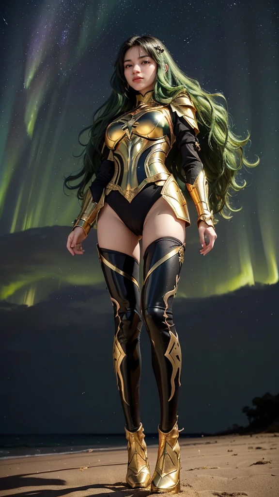 ((best quality)), ((masterpiece)), (ultra detailed lights), ((full body shot)), ((tall girl)), ((fit body)), teen girl, extremely beautiful, perfect eyes, ((slim body)), thighs gap, ultra face details, 20 years old, ((green wavy hair:1.2)), ((hair blown by strong winds :1.3)), Award-winning photograph, ((symmetrical pose)), ((teen goddess girl)), ((full body golden black armor:1.3)) are in the middle of battlefield, posing in the middle, intricate details, ((thight golden armour)), ((extremely details armor)), ((tight latex panties)), ((full legs armor:1.2)), ((24k-gold armor)), ((edge luminous armor)), cameltoe, luminescent, epic lights reflections, ((Athena's golden bow), at beach, full of stars, orange clouds, nebula sky, epic aurora borealis in the background, shooting stars, ((from below))