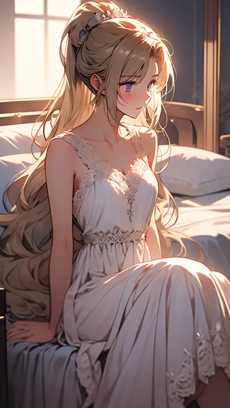 kei karuizawa, blonde, long ponytail, violet eyes, wavy hair wearing a light, white transparant nightgown. the girl should have ...