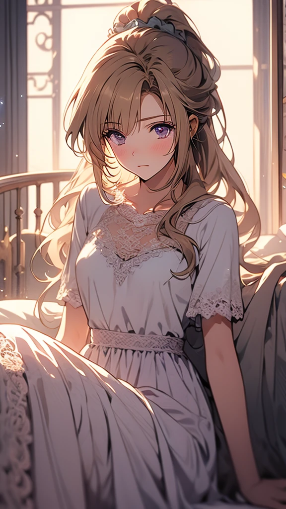 kei Karuizawa, blonde, long ponytail, violet eyes, wavy hair wearing a light, white transparant nightgown. The girl should have a thoughtful expression, blush on her cheeks, lie down on the bed with a serene atmosphere. Include delicate details like lace and soft shadows to enhance the overall gentle and dreamy ambiance