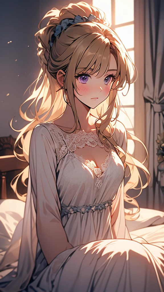 kei Karuizawa, blonde, long ponytail, violet eyes, wavy hair wearing a light, white transparant nightgown. The girl should have a thoughtful expression, blush on her cheeks, lie down on the bed with a serene atmosphere. Include delicate details like lace and soft shadows to enhance the overall gentle and dreamy ambiance