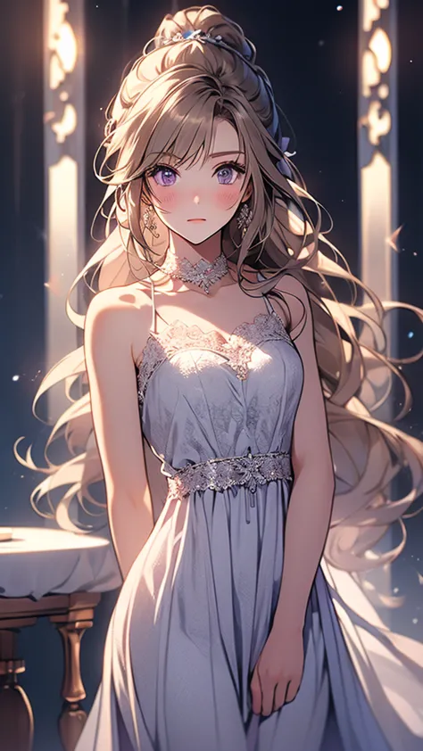 kei karuizawa, blonde, long ponytail, violet eyes, wavy hair wearing a light, white transparant lace nightgown with a blue bow i...