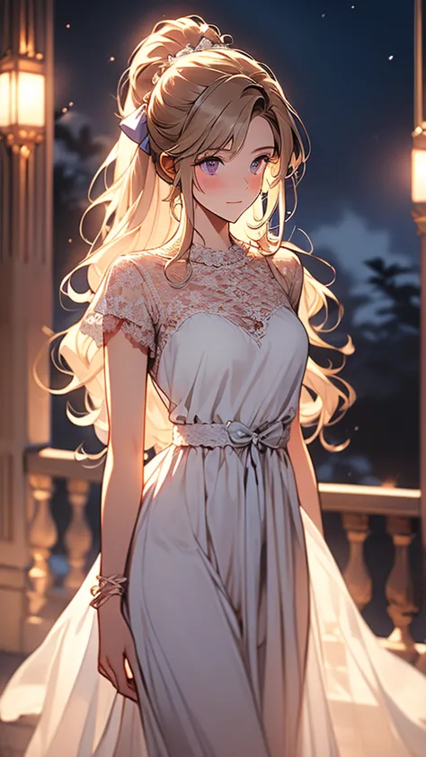 kei karuizawa, blonde, long ponytail, violet eyes, wavy hair wearing a light, white transparant lace nightgown with a blue bow i...