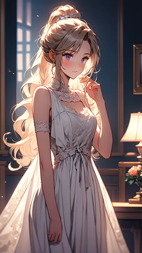 kei karuizawa, blonde, long ponytail, violet eyes, wavy hair wearing a light, white transparant lace nightgown with a blue bow i...