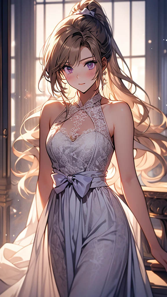 kei Karuizawa, blonde, long ponytail, violet eyes, wavy hair wearing a light, white transparant lace nightgown with a blue bow in the center. The girl should have a thoughtful expression, blush on her cheeks, and be standing in a softly lit room with a serene atmosphere. Include delicate details like lace and soft shadows to enhance the overall gentle and dreamy ambiance