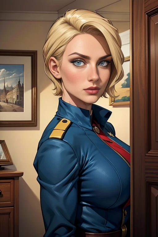 (best qualityer), ((work of art)), 8k 25 years, female military,Blonde woman with short hair,blue colored eyes,Round face ,breasts big,wearing lieutenant colonel&#39;s uniform,american soldier,seducer, ear length hair (((upturned eyes))) Stately ((U.S. Army uniform )) slender construction, ((hairstyle with bangs)) (((Arthur Rackham watercolor sketch ))) muted palette, holding machine gun 