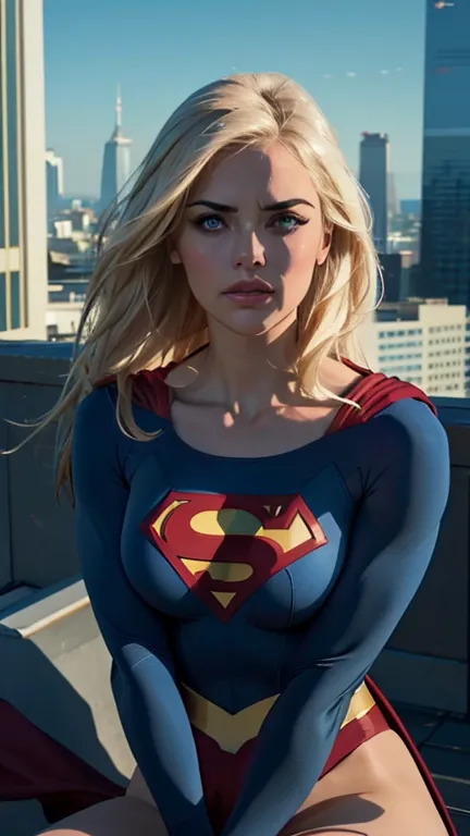 supergirl, sitting on a rooftop building, lost in deep thought, looking at the city, perfect eye, beautiful highly detailed eyes...