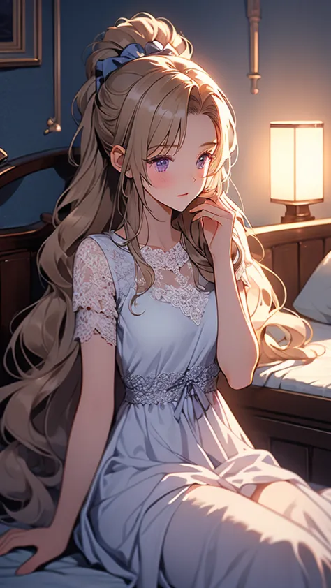 kei karuizawa, blonde, long ponytail, violet eyes, bangs, wavy hair wearing a light, white transparant lace nightgown with a blu...