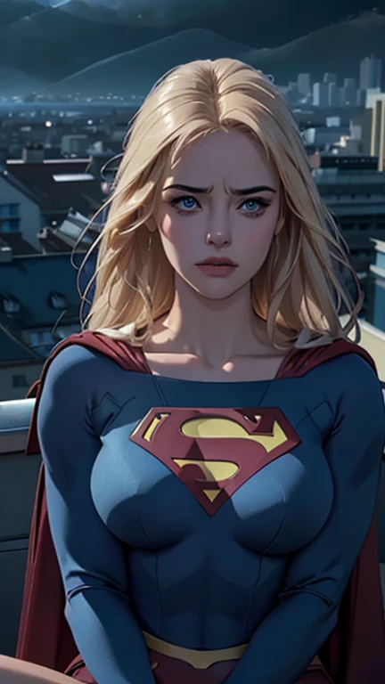 supergirl, sitting on a rooftop building, lost in deep thought, looking at the city, perfect eye, beautiful highly detailed eyes, beautiful blue eyes, both eyes are similar, beautiful detailed lips, extremely detailed face, beautiful detailed tight costume, tight figure, blonde hair, big breasts, dynamic pose, cinematic lighting, epic cityscape, moody atmosphere, dramatic shadows, vibrant colors, photorealistic, 8k, best quality, hyper detailed, masterpiece