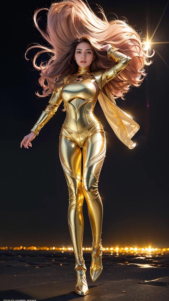 ((best quality)), ((masterpiece)), (ultra detailed lights), ((full body:1.3)), ((skinny body)), 1girl, extremely beautiful, ((slim body)), thighs gap, ultra face details, 20 years old, ((pink curvy-hair)), ((hair blown by strong winds :1.3)), Award-winning photograph, ((symmetrical pose)), ((full body golden armor)), posing in the middle, intricate details, ((thight golden armour)), ((extremely details armor)), ((tight latex pants)), ((full thighs golden armor)), ((24k-gold armor)), ((edge luminous armor)), cameltoe, luminescent, epic lights reflections, at beach, full of stars, orange clouds, nebula sky, aurora borealis, shooting stars, ((from below))