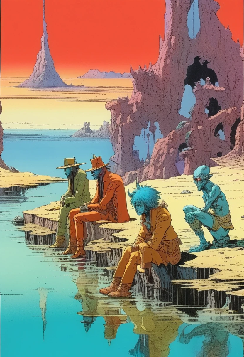 Mobis (Jean Giraud) Style - A picture by Jean Giraud Mobis, The picture shows a group of sad demons resting by the water, 巨大的水晶金字塔背景western backdrop in Mobis' signature style with sharp detailing and vibrant colors. Shot with Panavision Panaflex Gold II and Ultra Panavision 70 lenses, The image is full of film grain and low-key lighting，It creates a mysterious and tense atmosphere.