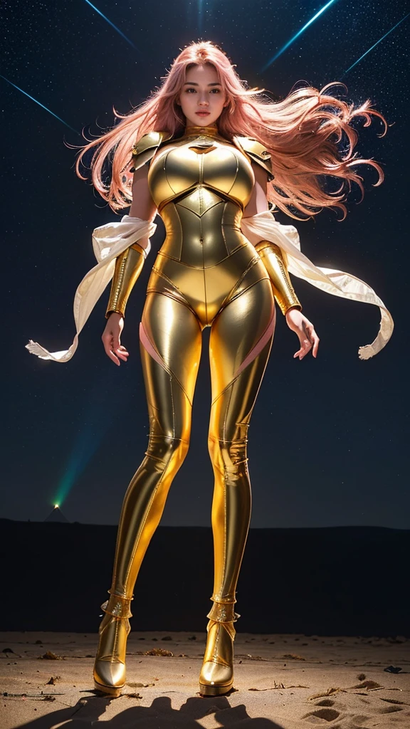 ((best quality)), ((masterpiece)), (ultra detailed lights), ((full body:1.3)), ((skinny body)), 1girl, extremely beautiful, ((slim body)), thighs gap, ultra face details, 20 years old, ((pink curvy-hair)), ((hair blown by strong winds :1.3)), Award-winning photograph, ((symmetrical pose)), ((full body golden armor)), posing in the middle, intricate details, ((thight golden armour)), ((extremely details armor)), ((tight latex pants)), ((full thighs golden armor)), ((24k-gold armor)), ((edge luminous armor)), cameltoe, luminescent, epic lights reflections, at beach, full of stars, orange clouds, nebula sky, aurora borealis, shooting stars, ((from below))