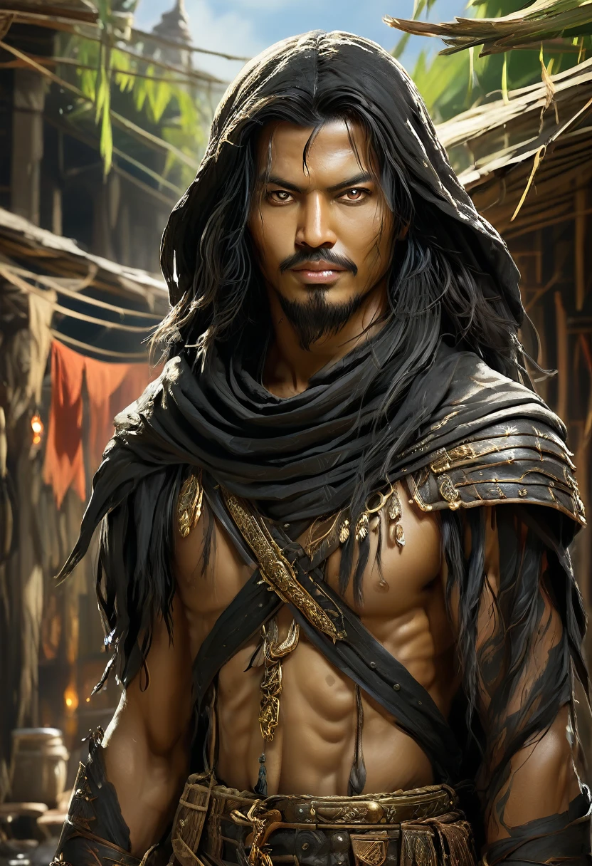 wira majapahit warrior, holding a bamboo, Javanese princess, majapahit warrior, long wavy black hair, hair tied up, wide eyes looking sharp and firm, very handsome face, bare chested, wearing ancient Javanese knight jawelry, realistic, background black, fantasy, intricate, elegant, highly detailed, digital painting, art station, concept art, 4k, complete body