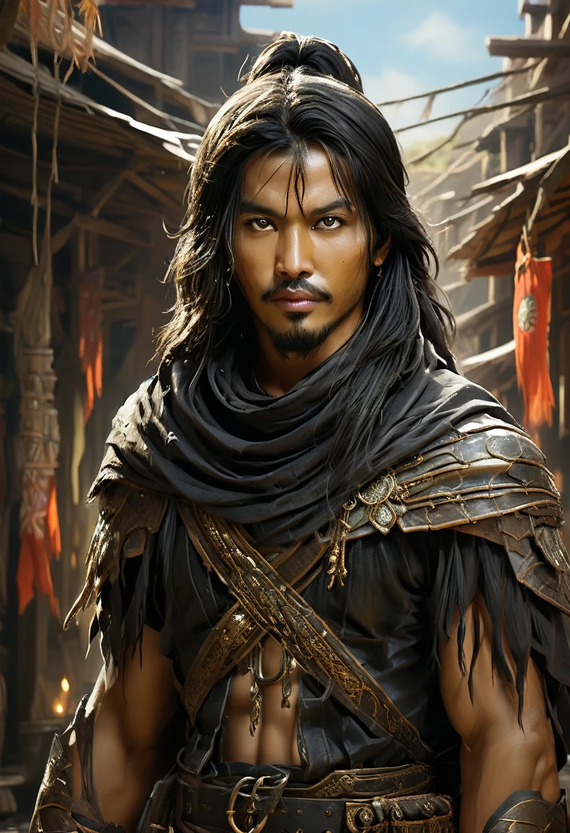 wira majapahit warrior, holding a bamboo, Javanese princess, majapahit warrior, long wavy black hair, hair tied up, wide eyes looking sharp and firm, very handsome face, bare chested, wearing ancient Javanese knight jawelry, realistic, background black, fantasy, intricate, elegant, highly detailed, digital painting, art station, concept art, 4k, complete body