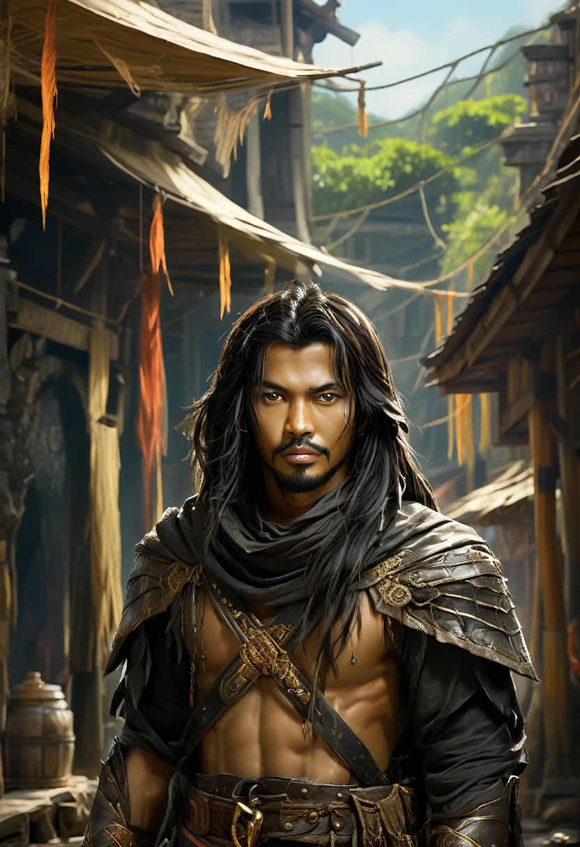 wira majapahit warrior, holding a bamboo, Javanese princess, majapahit warrior, long wavy black hair, hair tied up, wide eyes looking sharp and firm, very handsome face, bare chested, wearing ancient Javanese knight jawelry, realistic, background black, fantasy, intricate, elegant, highly detailed, digital painting, art station, concept art, 4k, complete body