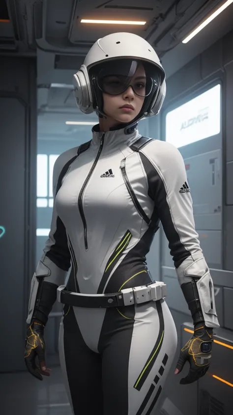 a futuristic space suit design by adidas, highly detailed, sleek and aerodynamic, with advanced technology, glowing neon accents...