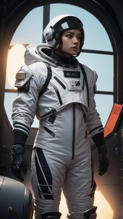 a highly detailed and sleek space suit design by adidas, aerodynamic and advanced technology, glowing neon accents, metallic tex...