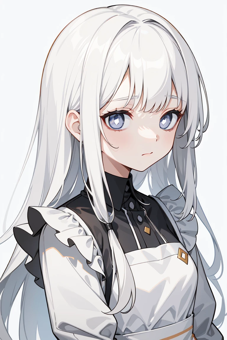 (masterpiece, Best quality, Ultra high quality:1.1), ((portrait)), 1 girl, One, young with long hair, Pure white hair, straight hair, Blunt bangs, ((light gray eyes, White students)), ((White students)), , flat chest, neutral, inexpressive, sad, White and black dress, maid, white apron, upper body, standing, hands behind your back, isometric lightning, White background, simple background