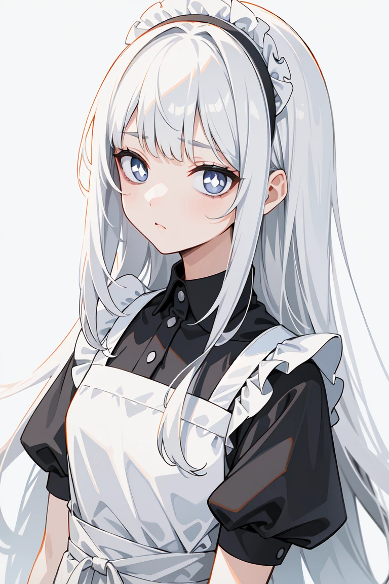 (masterpiece, Best quality, Ultra high quality:1.1), ((portrait)), 1 girl, One, young with long hair, Pure white hair, straight hair, Blunt bangs, ((light gray eyes, White students)), ((White students)), , flat chest, neutral, inexpressive, sad, White and black dress, maid, white apron, upper body, standing, hands behind your back, isometric lightning, White background, simple background