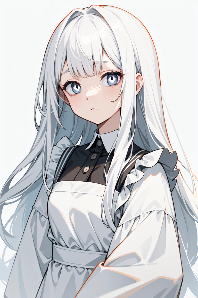 (masterpiece, Best quality, Ultra high quality:1.1), ((portrait)), 1 girl, One, young with long hair, Pure white hair, straight hair, Blunt bangs, ((light gray eyes, White students)), ((White students)), , flat chest, neutral, inexpressive, sad, White and black dress, maid, white apron, upper body, standing, hands behind your back, isometric lightning, White background, simple background