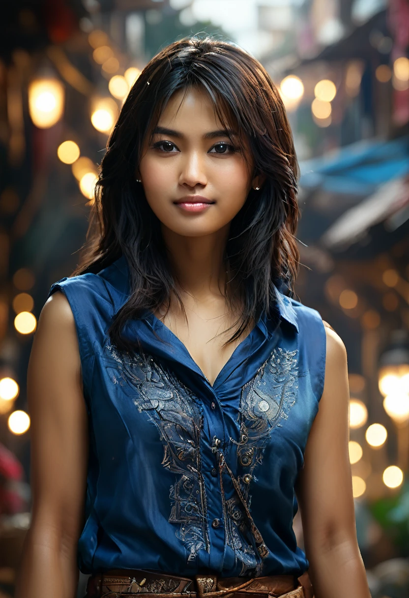 woman,sundanese,blue shirt,sleeveless,realistic details, high resolution,bokeh,outstanding details