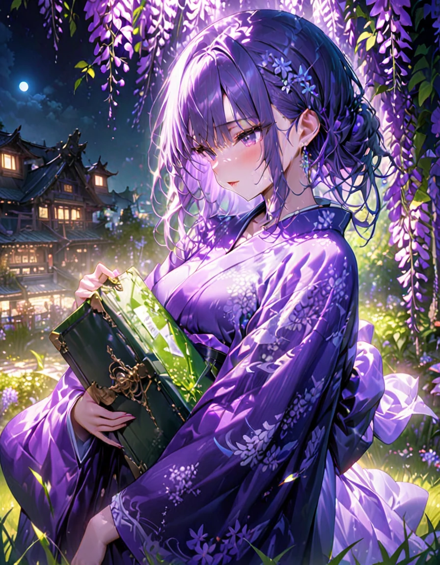 朧月、Woman in purple kimono、Look down、Wisteria flower、Green Grass、night、moonlight、(((masterpiece))), (Highest quality), (Super detailed), (very_expensive_solve), (big_file size), (Full Color)