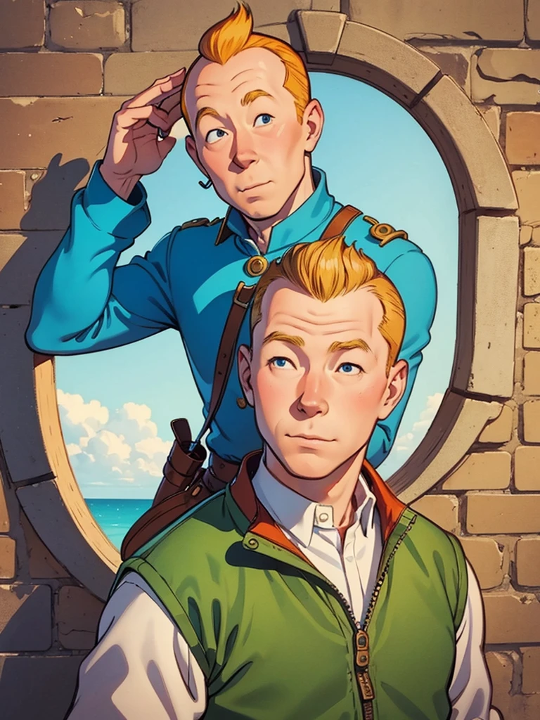 Portrait of Tintin, but this is a fantasy style. One person.