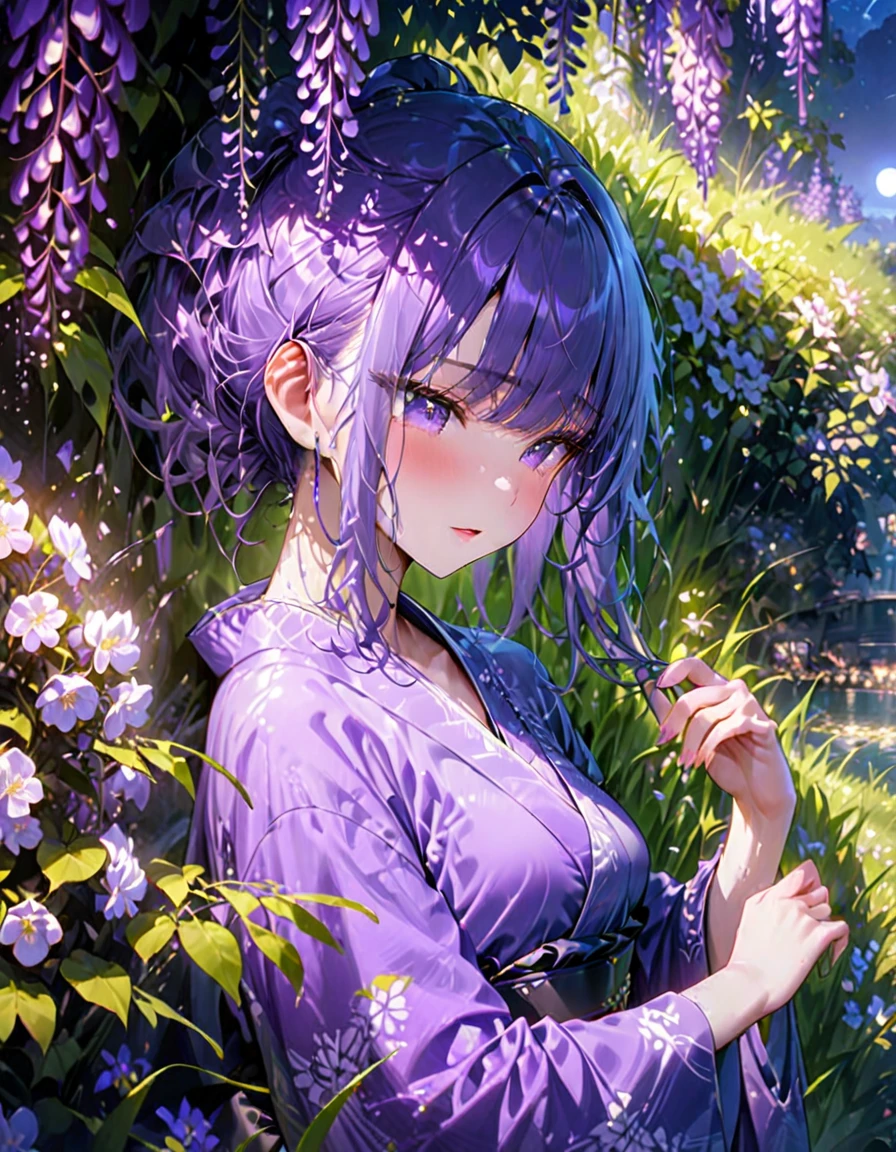 朧月、Woman in purple kimono、Look down、Wisteria flower、Green Grass、night、moonlight、(((masterpiece))), (Highest quality), (Super detailed), (very_expensive_solve), (big_file size), (Full Color)