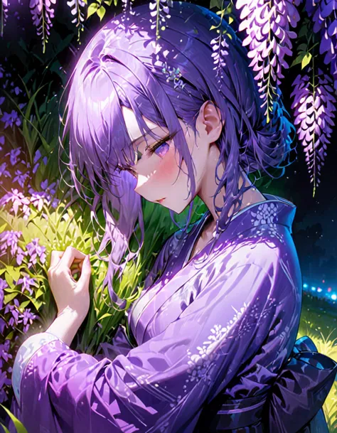 朧月、woman in purple kimono、look down、wisteria flower、green grass、night、moonlight、(((masterpiece))), (highest quality), (super det...