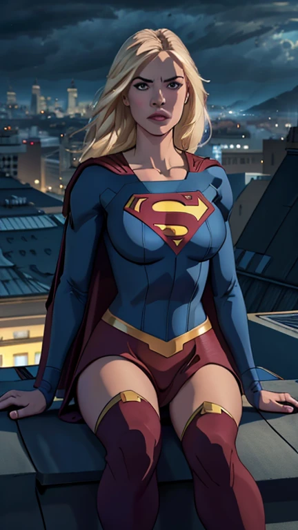 supergirl, sitting on a rooftop building, lost in deep thought, looking at the city, perfect eye, beautiful highly detailed eyes, beautiful blue eyes, both eyes are similar, beautiful detailed lips, extremely detailed face, beautiful detailed tight suit, tight figure, blonde hair, big breasts, dynamic pose, cinematic lighting, epic cityscape, moody atmosphere, dramatic shadows, vibrant colors, photorealistic, 8k, best quality, hyper detailed, masterpiece