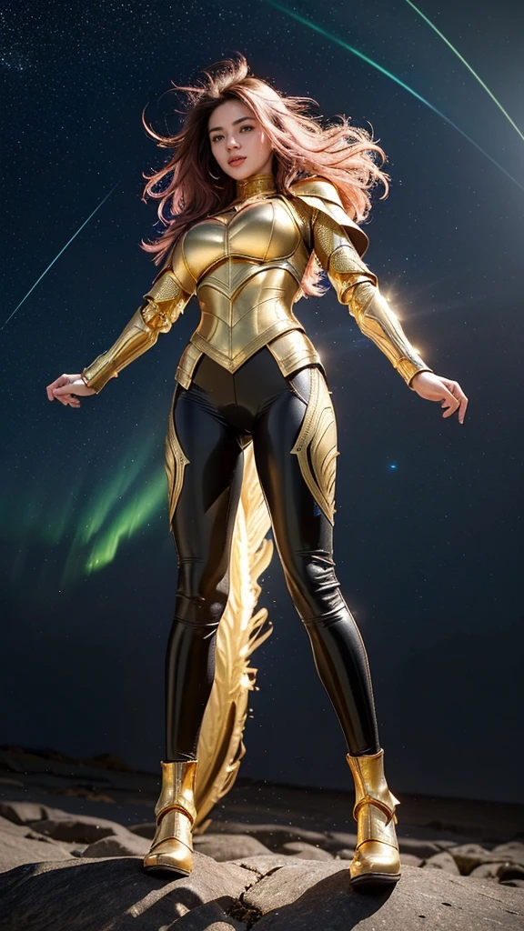 ((best quality)), ((masterpiece)), (ultra detailed lights), ((full body:1.3)), ((skinny body)), 1girl, extremely beautiful, ((slim body)), thighs gap, ultra face details, 20 years old, ((pink curvy-hair)), ((hair blown by strong winds :1.3)), Award-winning photograph, ((symmetrical pose)), ((full body golden black armor)), posing in the middle, intricate details, ((thight golden armour)), ((extremely details armor)), ((tight latex pants)), ((24k-gold armor)), ((edge luminous armor)), cameltoe, luminescent, epic lights reflections, at beach, full of stars, orange clouds, nebula sky, epic aurora borealis in the background, shooting stars, ((from below))