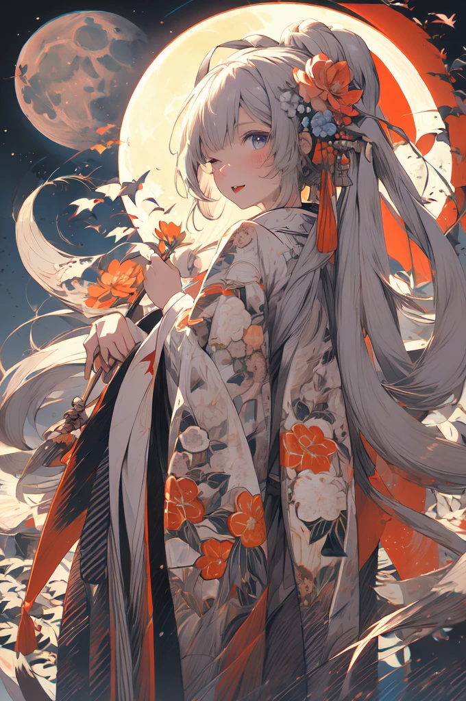 (masterpiece:1.2), Highest quality,Pixiv,  As the moon,
One girl, alone, kimono, Long Hair, kimono, hair ornaments, View your viewers, flower, Gray Hair, Holding, blue eyes, hair flower, Ahoge, bangs, Long sleeve, Wide sleeves, moon, blush, flower柄プリント, print kimono, Are standing, Mouth closed, Holding flower, night
 