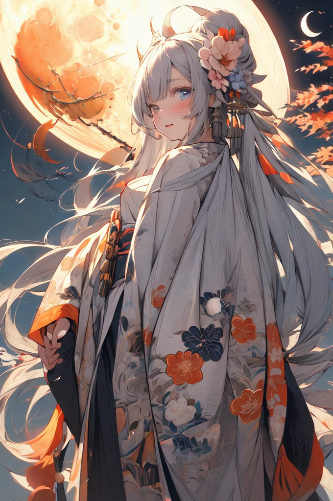 (Meisterwerk:1.2), höchste Qualität,pixiv,  As the Mond,
Ein Mädchen, allein, Kimono, lange Haare, Kimono, Haarschmuck, Betrachten Sie Ihre Zuschauer, Blume, graue Haare, Halten, blaue Augen, hair Blume, ahoge, bangs, lange Ärmel, weite Ärmel, Mond, erröten, Blume柄プリント, print Kimono, Stehen, Mund geschlossen, Halten Blume, Nacht
 