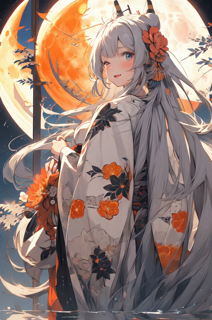 (Meisterwerk:1.2), höchste Qualität,pixiv,  As the Mond,
Ein Mädchen, allein, Kimono, lange Haare, Kimono, Haarschmuck, Betrachten Sie Ihre Zuschauer, Blume, graue Haare, Halten, blaue Augen, hair Blume, ahoge, bangs, lange Ärmel, weite Ärmel, Mond, erröten, Blume柄プリント, print Kimono, Stehen, Mund geschlossen, Halten Blume, Nacht
 