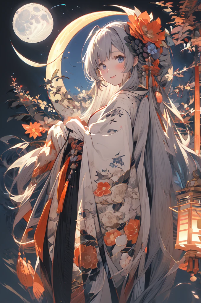 (chef-d&#39;œuvre:1.2), la plus haute qualité,pixiv,  As the lune,
Une fille, seul, kimono, cheveux longs, kimono, ornements de cheveux, Visualisez vos spectateurs, fleur, cheveux gris, holding, yeux bleus, hair fleur, ahogé, frange, Manche longue, manches larges, lune, rougir, fleur柄プリント, kimono imprimé, Sont debout, Bouche fermée, holding fleur, nuit
 