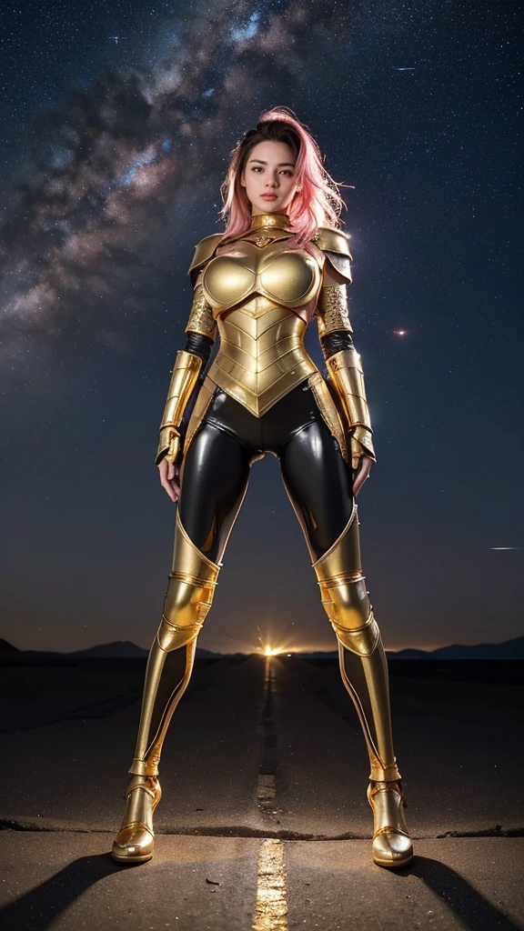 ((best quality)), ((masterpiece)), (ultra detailed lights), ((full body:1.3)), ((skinny body)), 1girl, extremely beautiful, ((slim body)), thighs gap, ultra face details, 20 years old, ((pink curvy-hair)), ((hair blown by strong winds :1.3)), Award-winning photograph, ((symmetrical pose)), ((full body golden black armor)), posing in the middle, intricate details, ((thight golden armour)), ((extremely details armor)), ((tight latex pants)), ((24k-gold armor)), ((edge luminous armor)), cameltoe, luminescent, epic lights reflections, at beach, full of stars, orange clouds, nebula sky, epic aurora borealis in the background, shooting stars, ((from below))