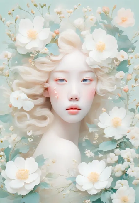 blonde，white flowers on the face and eyes, ultra-fine inspired by hsiao-ron cheng, tumblr, aestheticism, gu weiss, artwork in th...