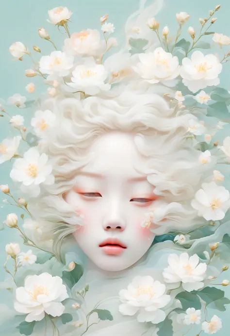 blonde，white flowers on the face and eyes, ultra-fine inspired by hsiao-ron cheng, tumblr, aestheticism, gu weiss, artwork in th...