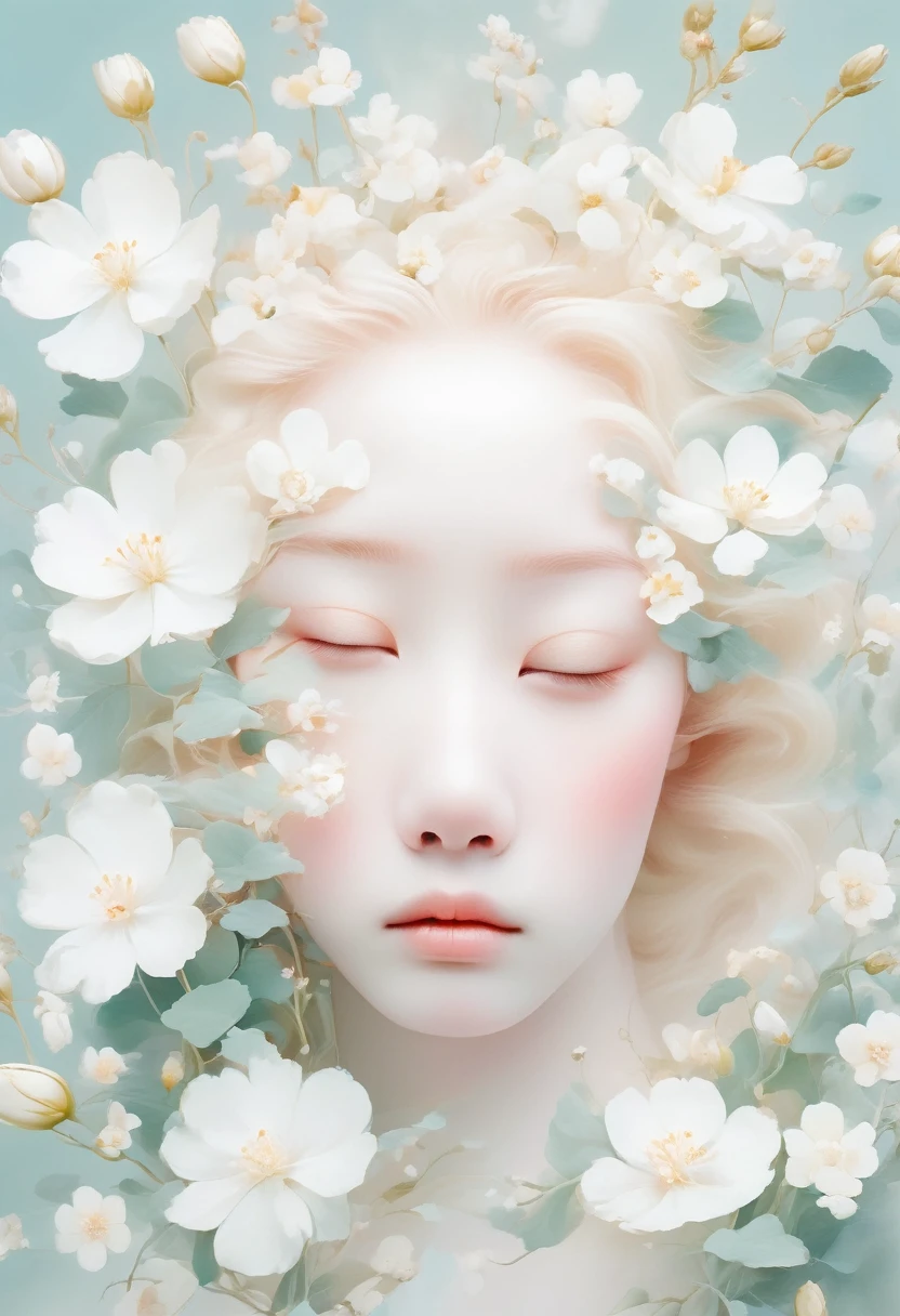 Blonde，White flowers on the face and eyes, Ultra-fine inspired by Hsiao-Ron Cheng, tumblr, Aestheticism, Gu Weiss, artwork in the style of Gu Weiss, Pastel, james jean 和 wlop, makoto kobayashi, Has a blooming and ethereal effect, Blurred dream illustration, Gu Weiss masterpiece