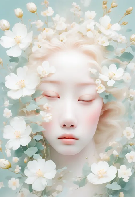 blonde，white flowers on the face and eyes, ultra-fine inspired by hsiao-ron cheng, tumblr, aestheticism, gu weiss, artwork in th...