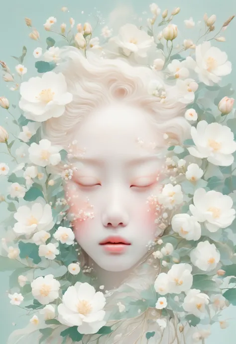 blonde，white flowers on the face and eyes, ultra-fine inspired by hsiao-ron cheng, tumblr, aestheticism, gu weiss, artwork in th...