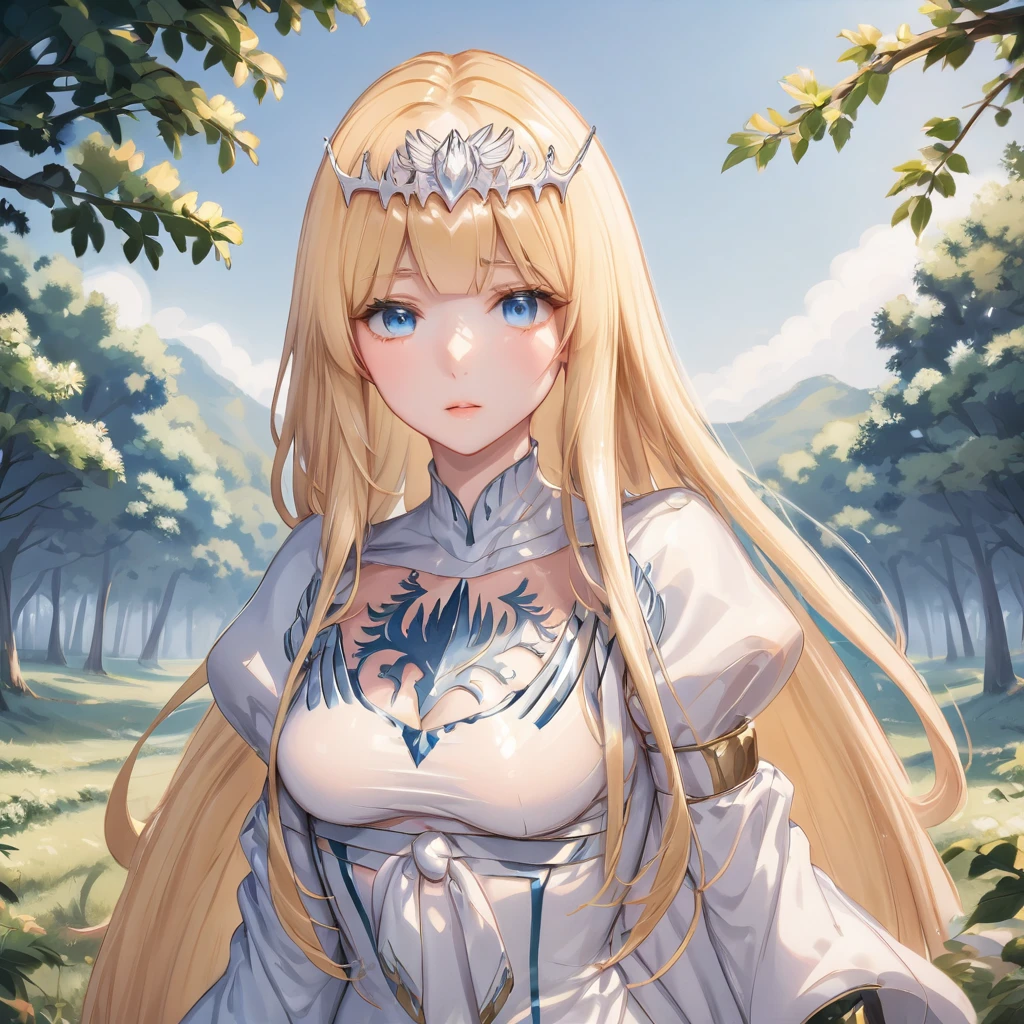 masterpiece,ultra-detailed,best quality,8K,illustration,,clean skin ,shiny hair,girl,ultra-detailed-eyes,simple background, cowboy shot, 1girl,solo, calca, blonde hair, ,( extremely long hair:1.3), very long hair, extra long hair, white tiara, white dress, blue eyes,Calca Bessarez, medium breast,Calca, outdoor, beautiful forest