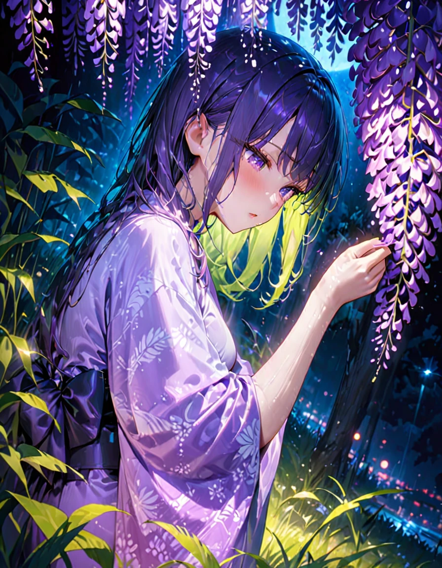 朧月、Woman in purple kimono、Look down、Wisteria flower、Green Grass、night、moonlight、(((masterpiece))), (Highest quality), (Super detailed), (very_expensive_solve), (big_file size), (Full Color)