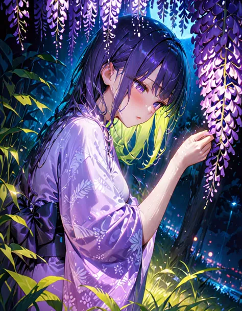 朧月、woman in purple kimono、look down、wisteria flower、green grass、night、moonlight、(((masterpiece))), (highest quality), (super det...