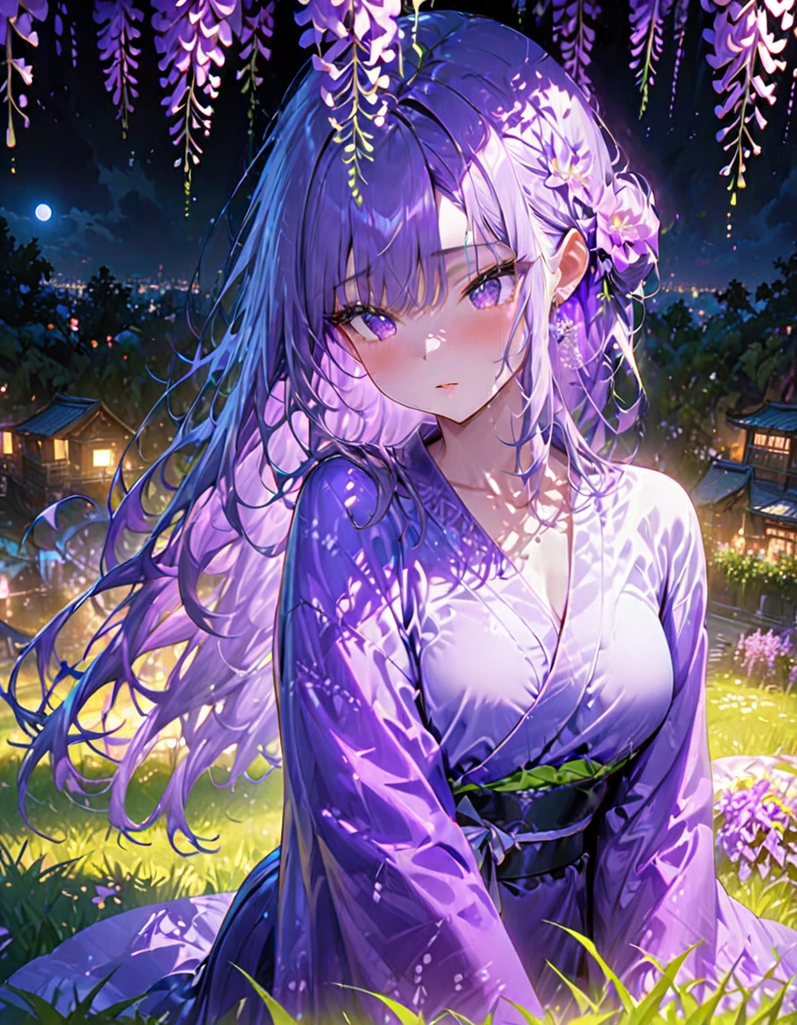 朧月、Woman in purple kimono、Look down、Wisteria flower、Green Grass、night、moonlight、(((masterpiece))), (Highest quality), (Super detailed), (very_expensive_solve), (big_file size), (Full Color)